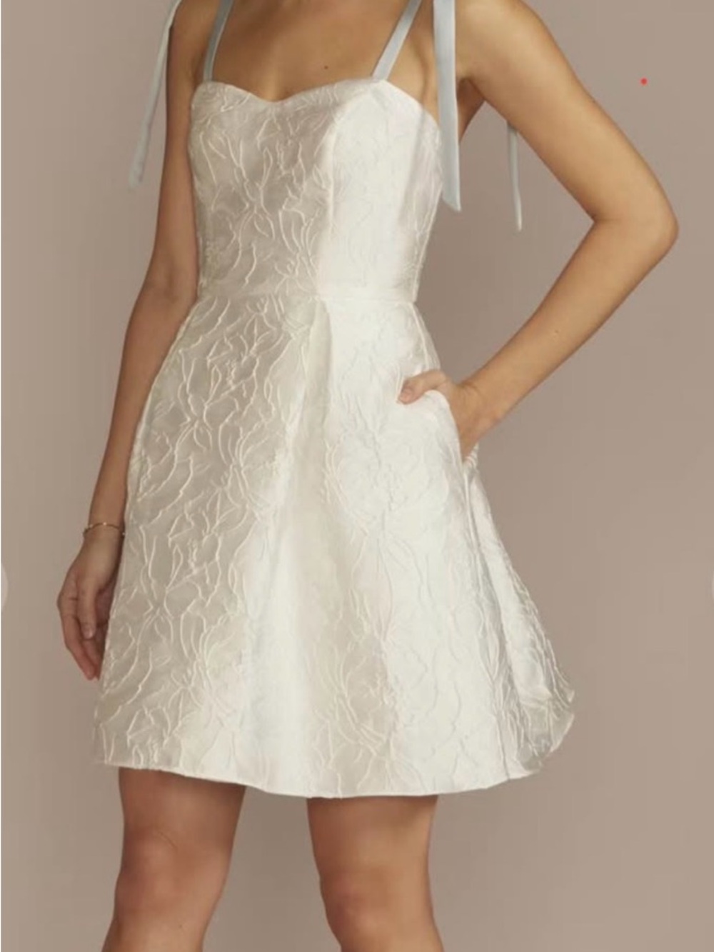 David's Bridal Ivory Textured Tie-Shoulder A-Line Dress